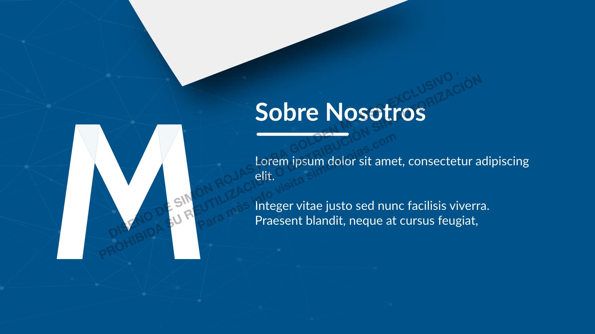 Slide Sobre Nosotros del portafolio corporativo de Golden M con identidad visual institucional.