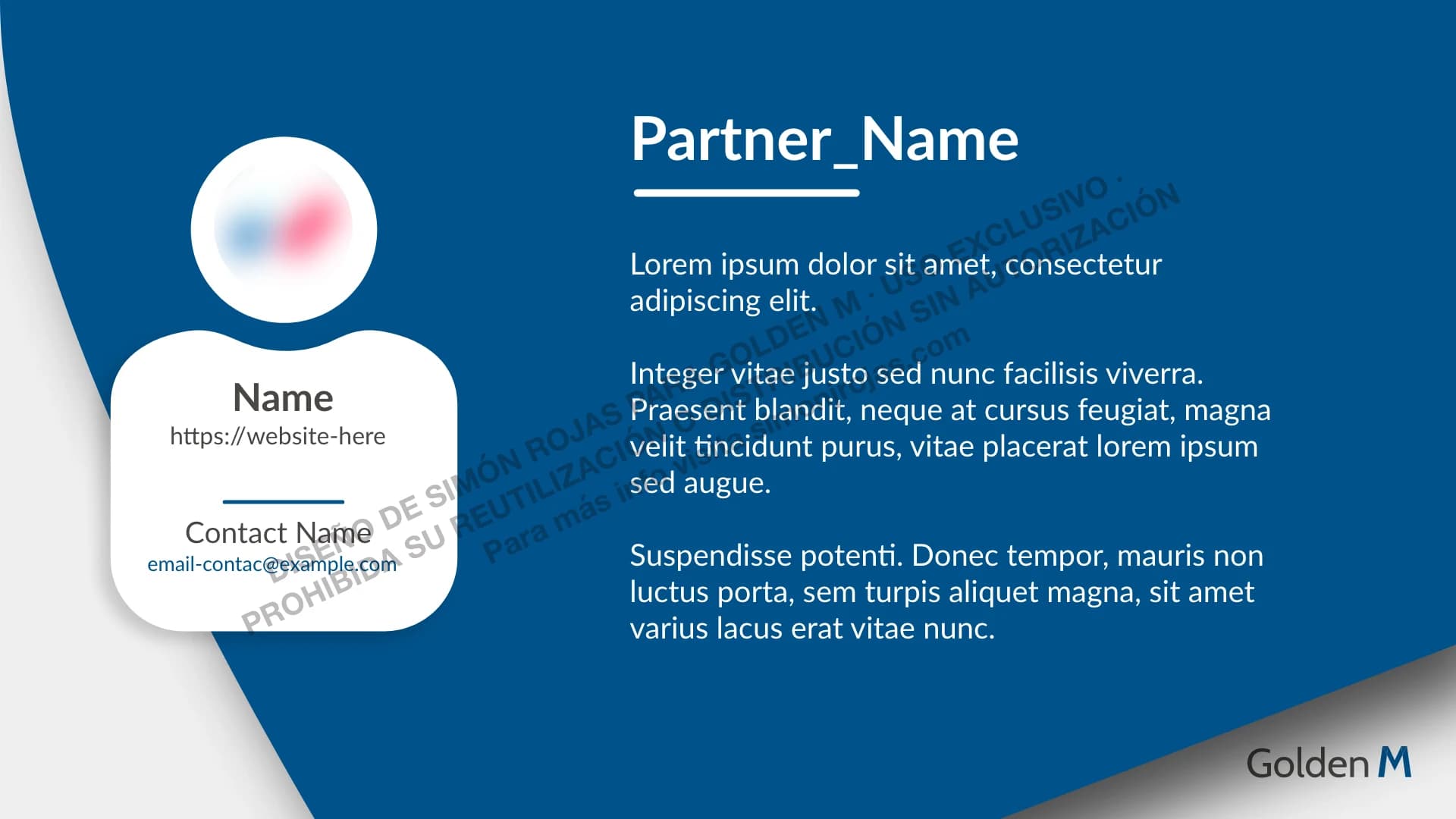 Slide de detalle de cliente/partner con información de contacto anonimizada.
