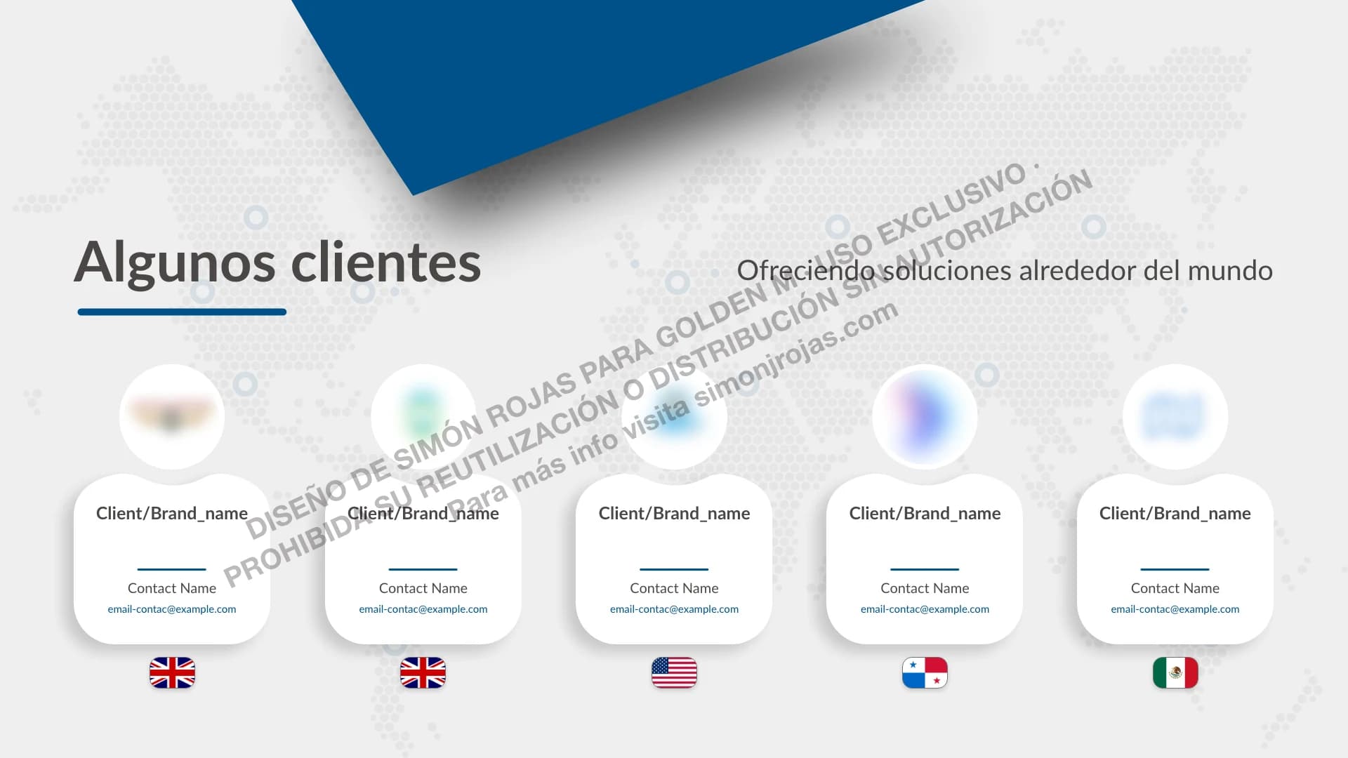 Slide de clientes destacados con logos difuminados por confidencialidad y banderas de países.
