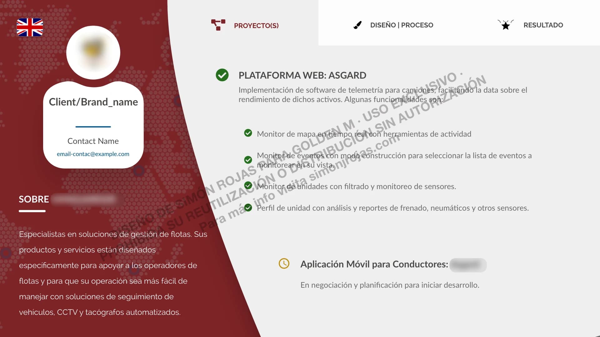 Slide de proyecto tecnológico para cliente del sector movilidad con plataforma web y app móvil.