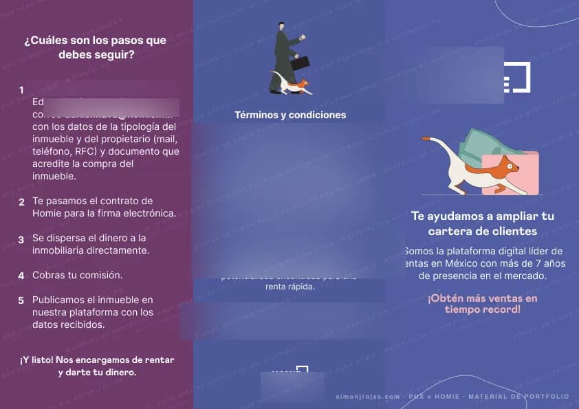 Parte exterior del tríptico comercial de Homie con pasos, términos y condiciones; logos, correo, teléfono y montos difuminados.