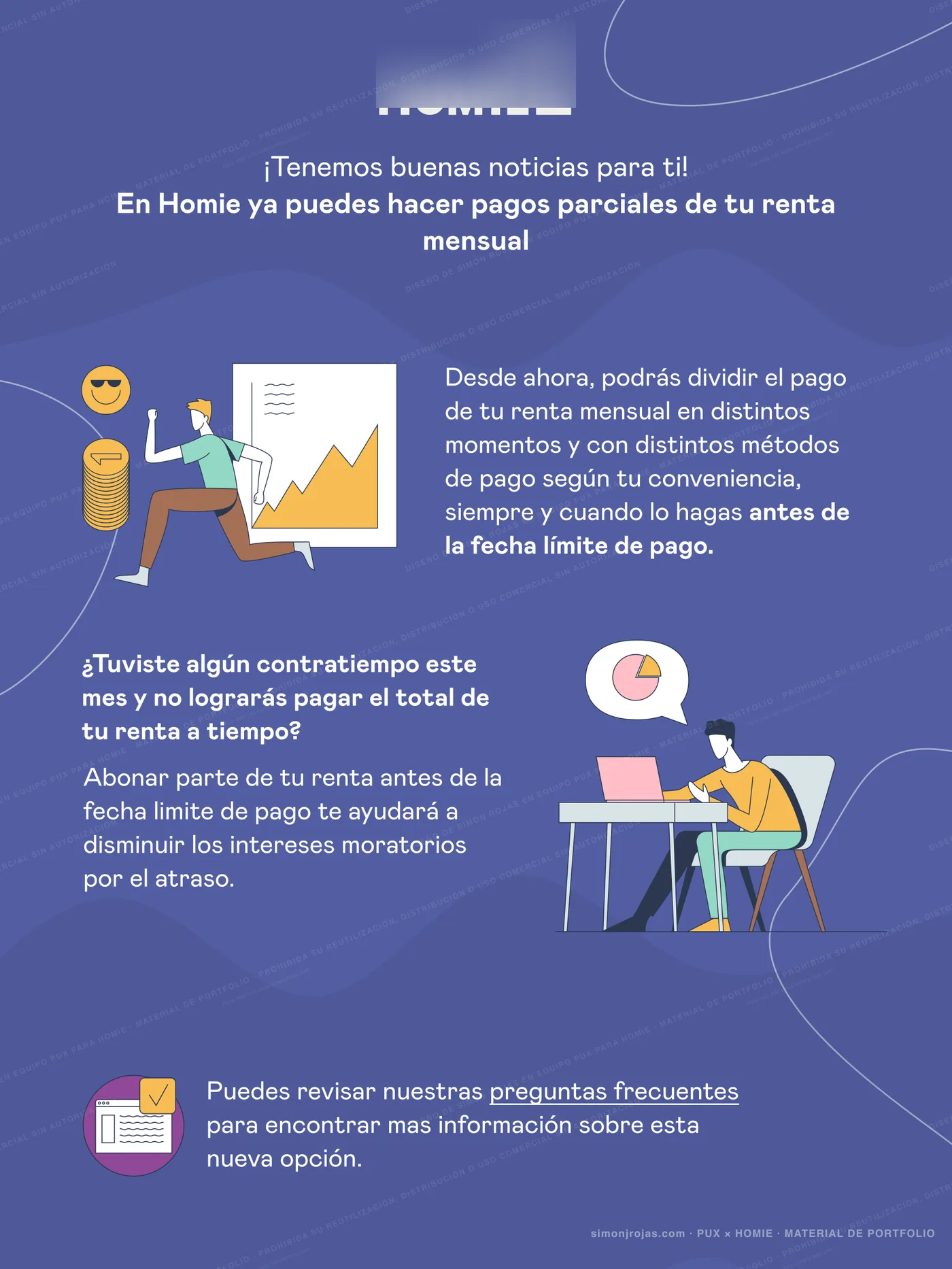 Flyer informativo sobre pagos parciales de renta mensual con logo Homie difuminado y marca de agua de portfolio.