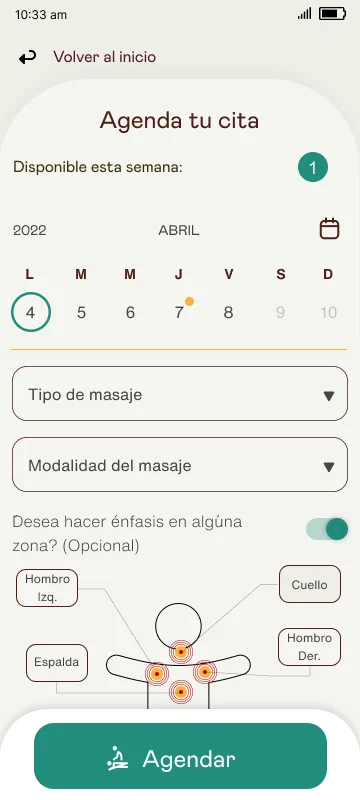 Pantalla de agenda con opciones de selección para reservar sesión