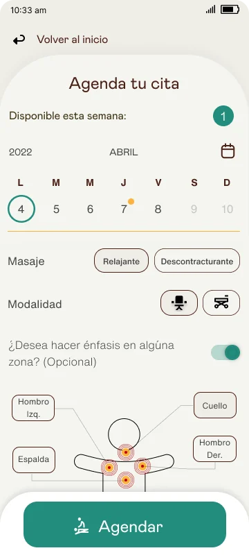 Pantalla de agenda para reservar sesión de masaje