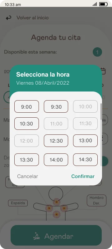 Modal selector de hora para reservar una sesión
