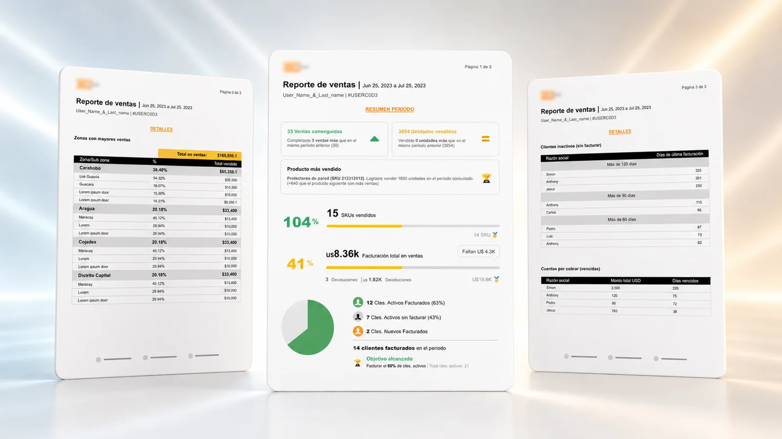 Composición visual del diseño de reporte PDF de ventas para ERP con resumen, tablas y métricas comerciales.