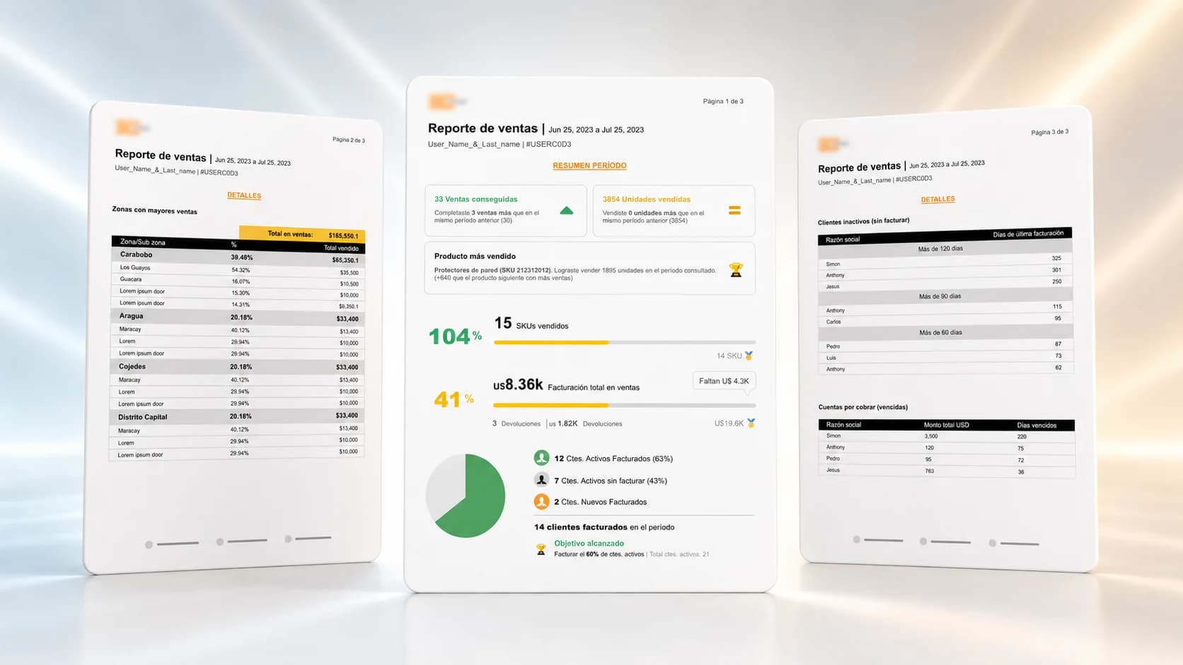 Composición visual del diseño de reporte PDF de ventas para ERP con resumen, tablas y métricas comerciales.