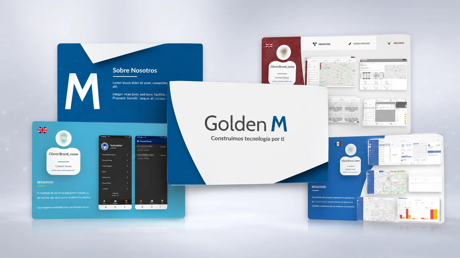 Composición visual del portafolio corporativo diseñado para Golden M con slides institucionales, clientes y proyectos tecnológicos.