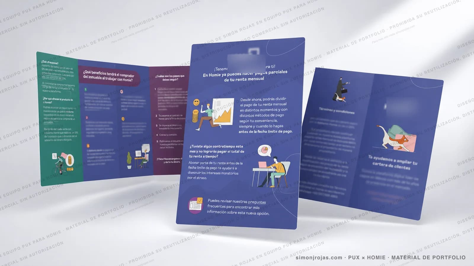 Composición visual con piezas gráficas diseñadas para Homie: tríptico comercial y flyer informativo con datos sensibles difuminados.