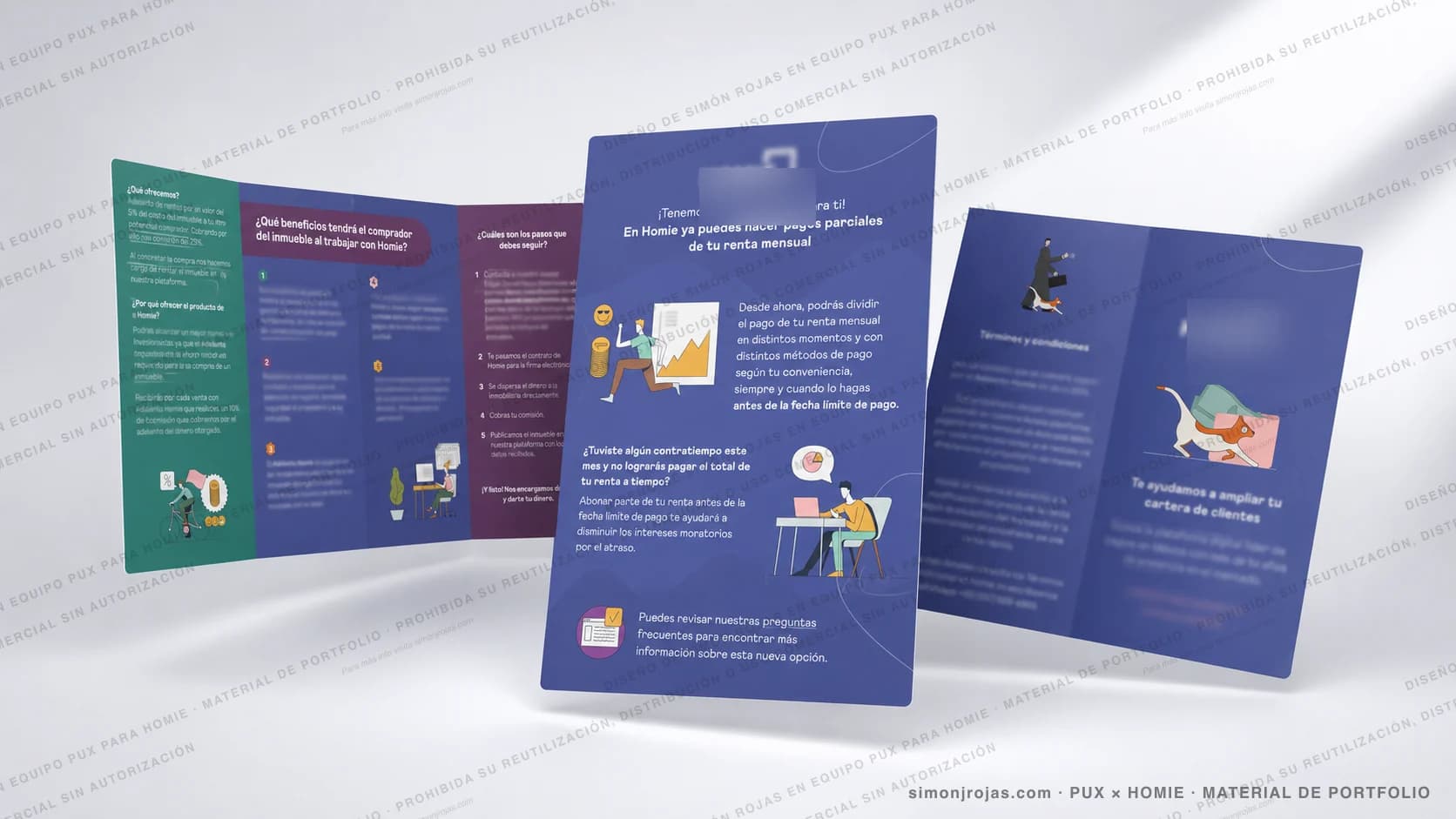 Composición visual con piezas gráficas diseñadas para Homie: tríptico comercial y flyer informativo con datos sensibles difuminados.
