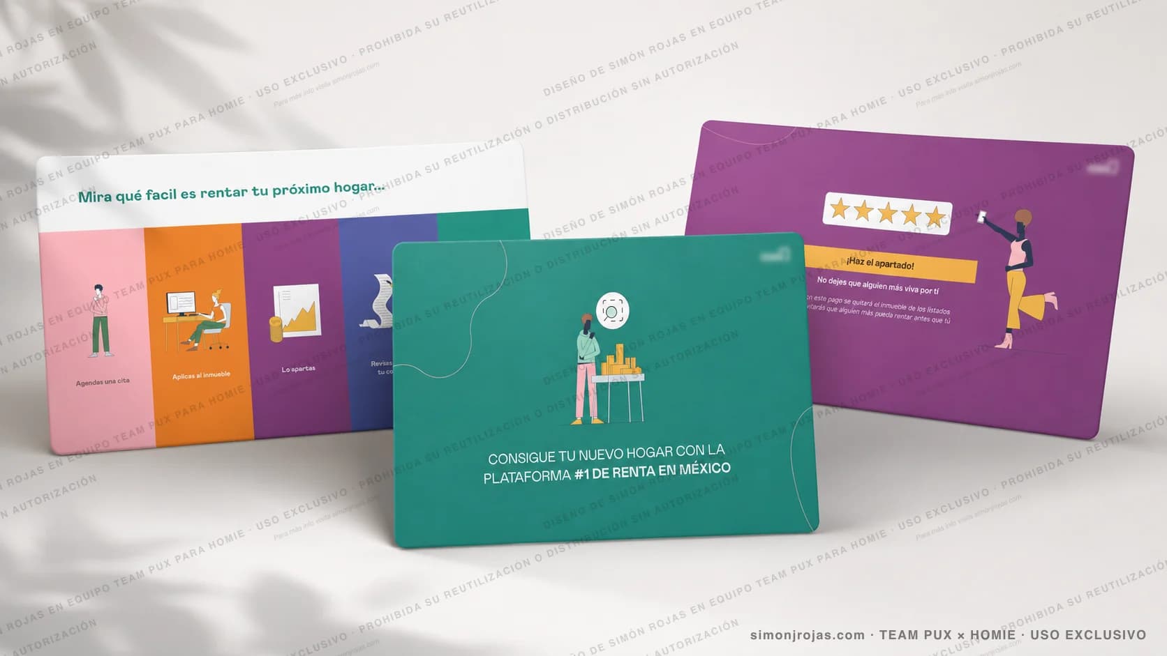 Composición visual del playbook comercial diseñado para Homie con slides sobre el proceso de renta paso a paso.