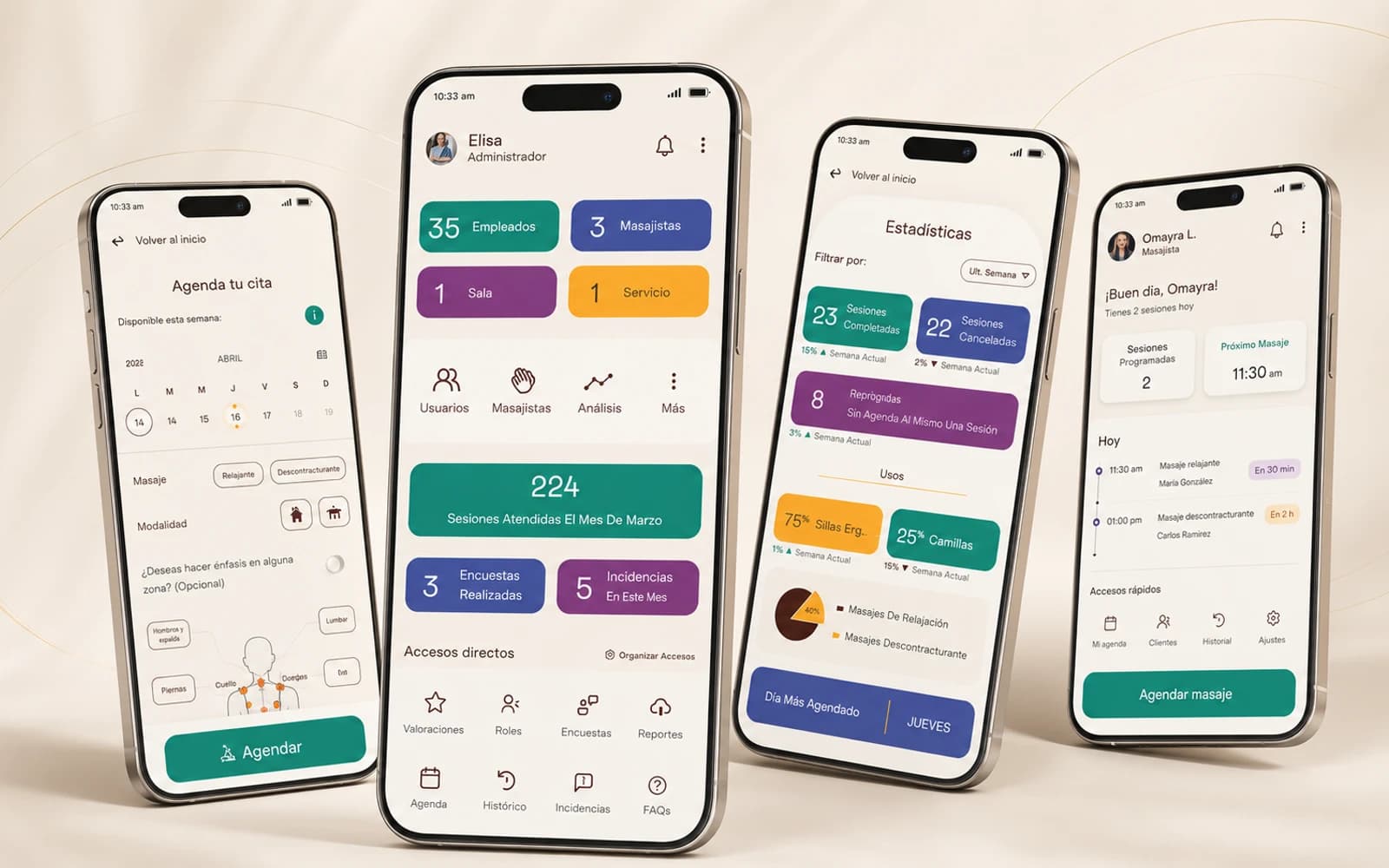 Mockups móviles del proyecto Homie Wellness Scheduling App, una solución UX UI para gestionar reservas de sesiones internas de bienestar